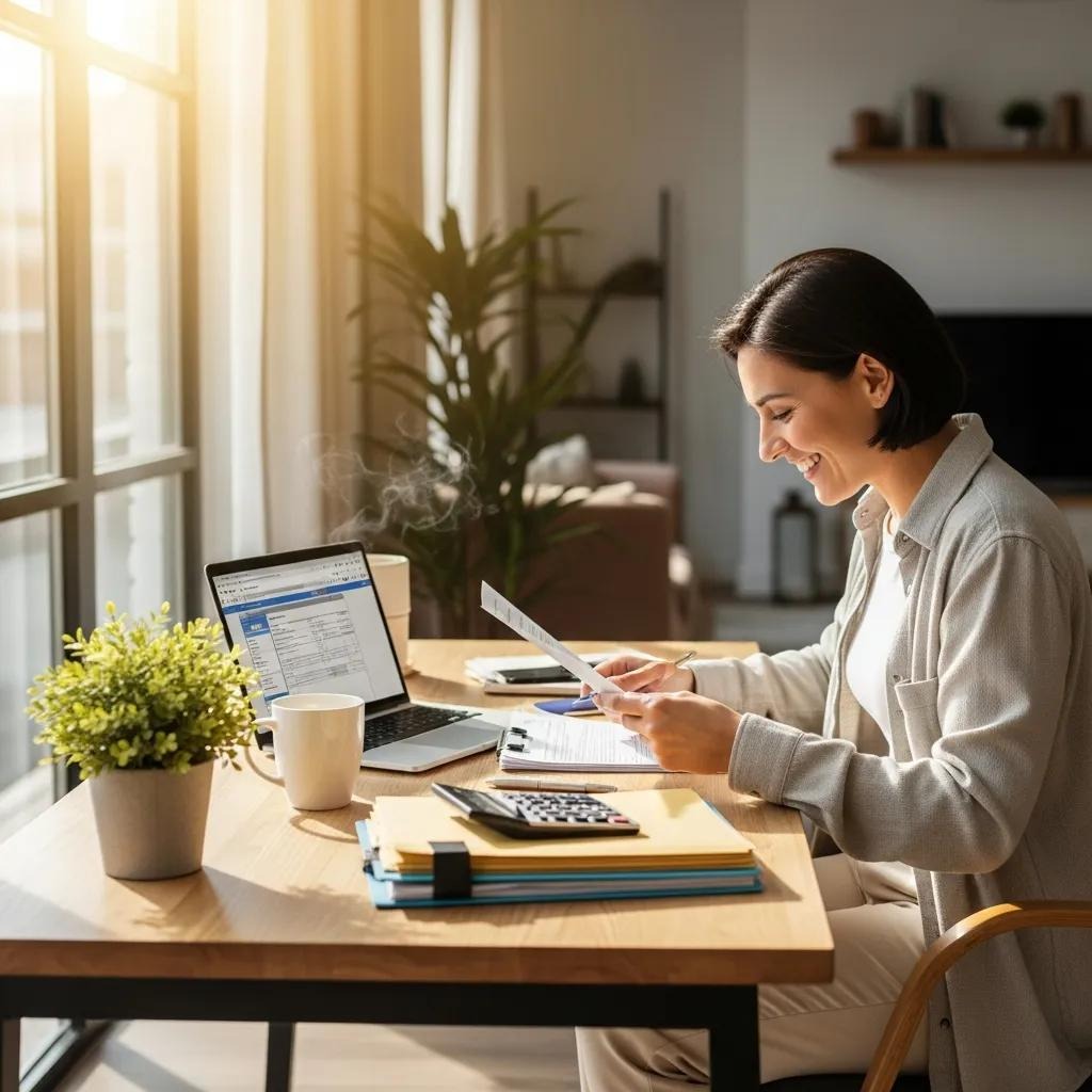 Woman organizing receipts and tax forms at a home desk with a laptop and calculator