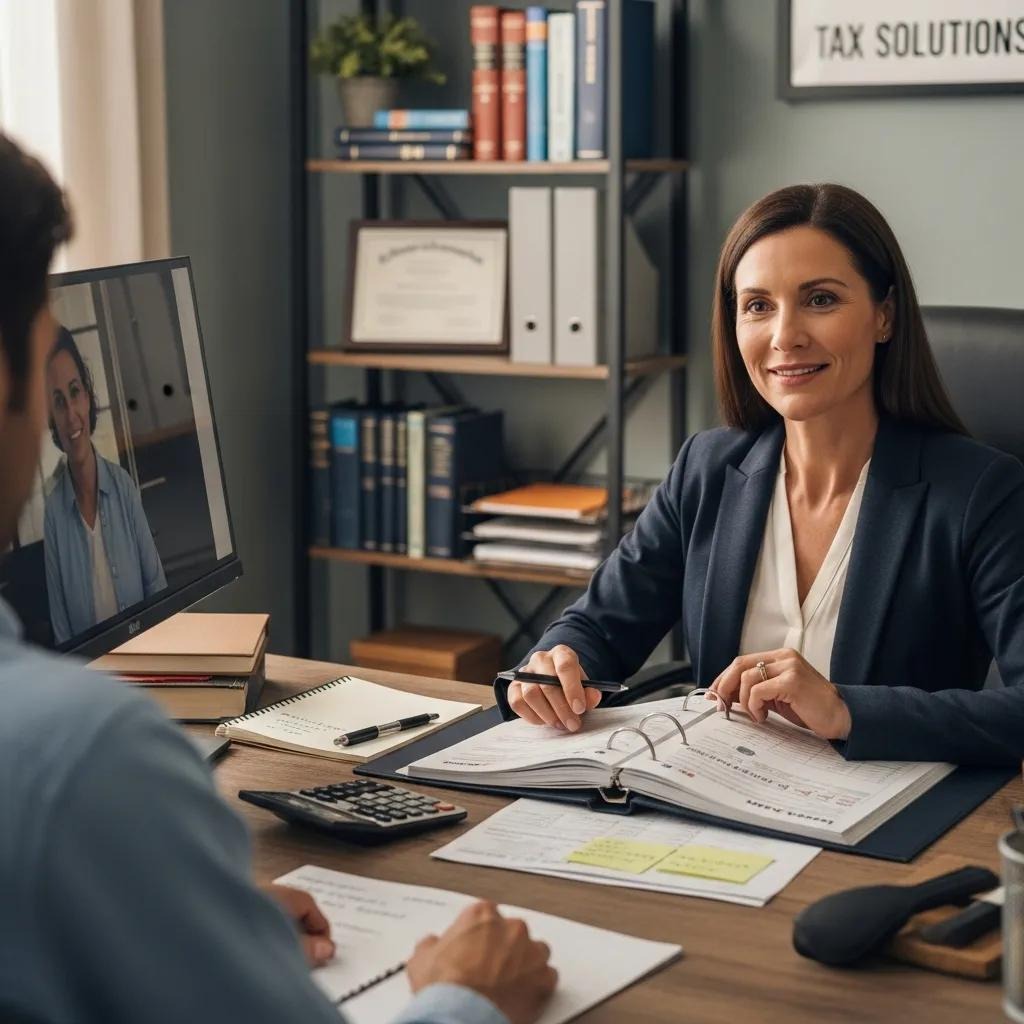 Tax professional reviewing a client's tax documents during a virtual consultation